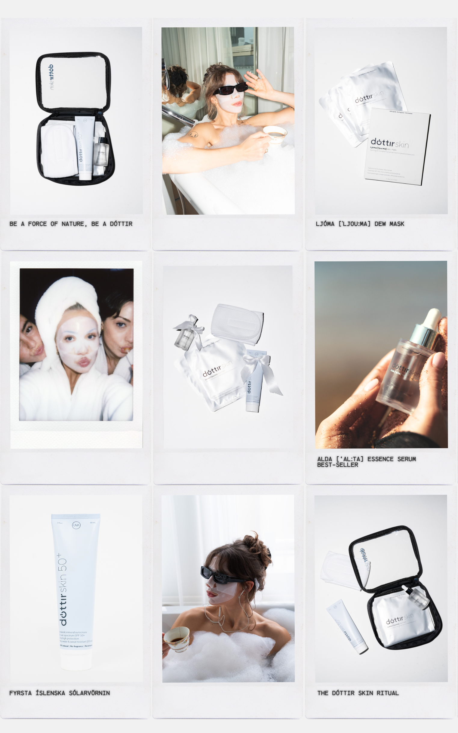 Grid of images featuring all Dóttir Skin products and a woman in a bathtub drinking coffee.