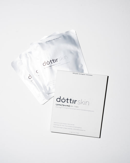 Dóttir Skin, Ljóma ['ljou:ma] Dew Mask on a white background. 100% gentle, no fragrance, no nonsense. Barrier-strengthening hydrogel mask for hydrated and glassy skin. Hyaluronic acid complex, niacinamide, Ceramides NP+NS, Cica complex (centella asiatica), hydrolyzed vegan collagen peptides, antioxidant power trio. Made in Korea. 